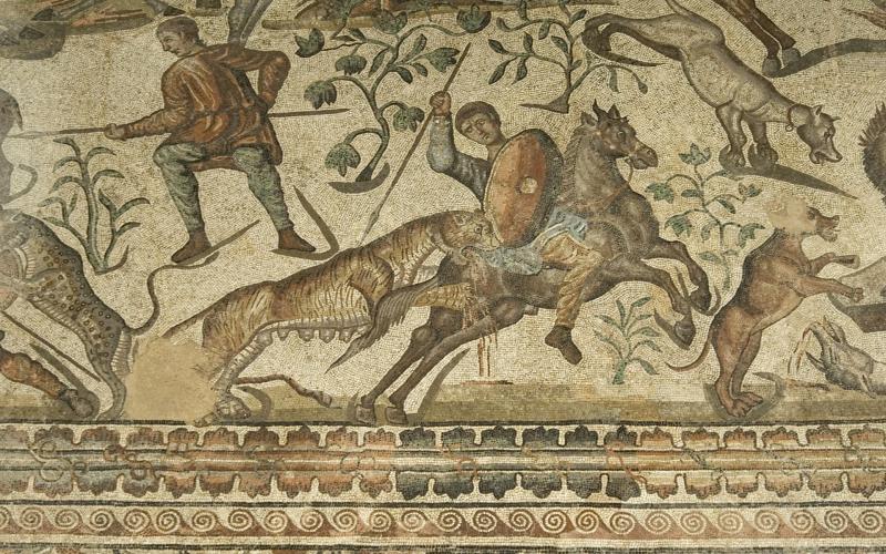 Mosaico de una escena de caza en el oecus, Villa Romana La Olmeda, Pedrosa de la Vega